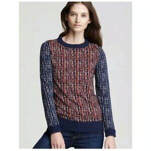 Tory Burch Hutton Blue Red Speckled Wool Crew Neck Sweater, Size M